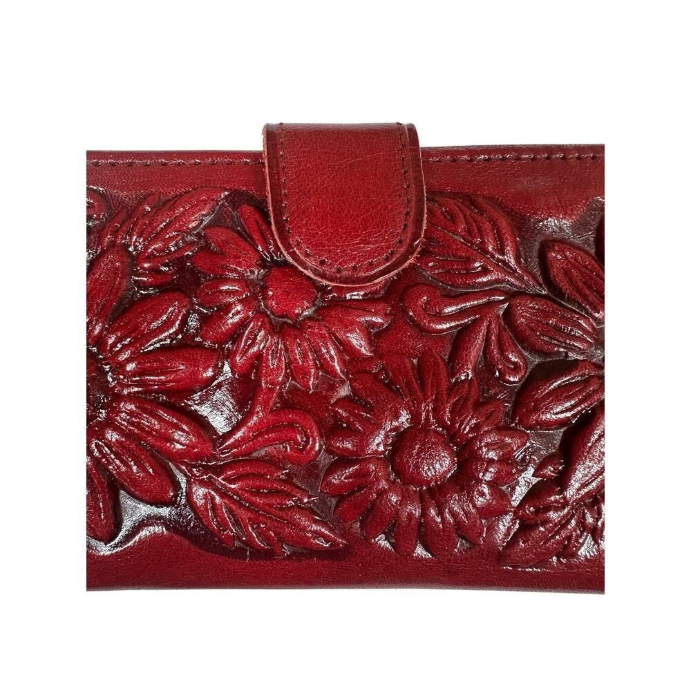 Vtg‎ Red Tooled Leather Sunflower Womens Embossed Clutch Wallet Mexico 8" x 4" - Picture 3 of 10